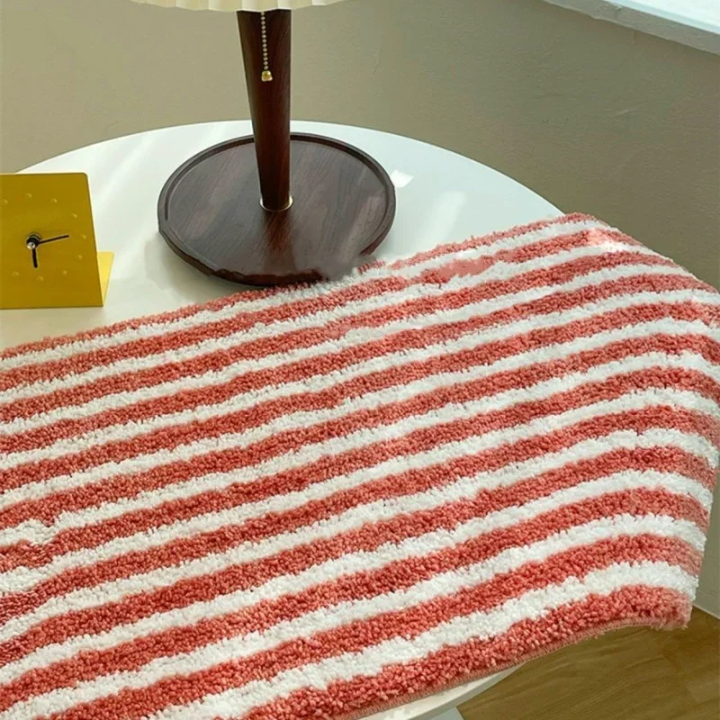 Flocking Striped Rugs for Bedroom Bedside Soft Plush Entrance Door Mat Simple Style Anti Slip Living Room Carpet Area Rug Decor