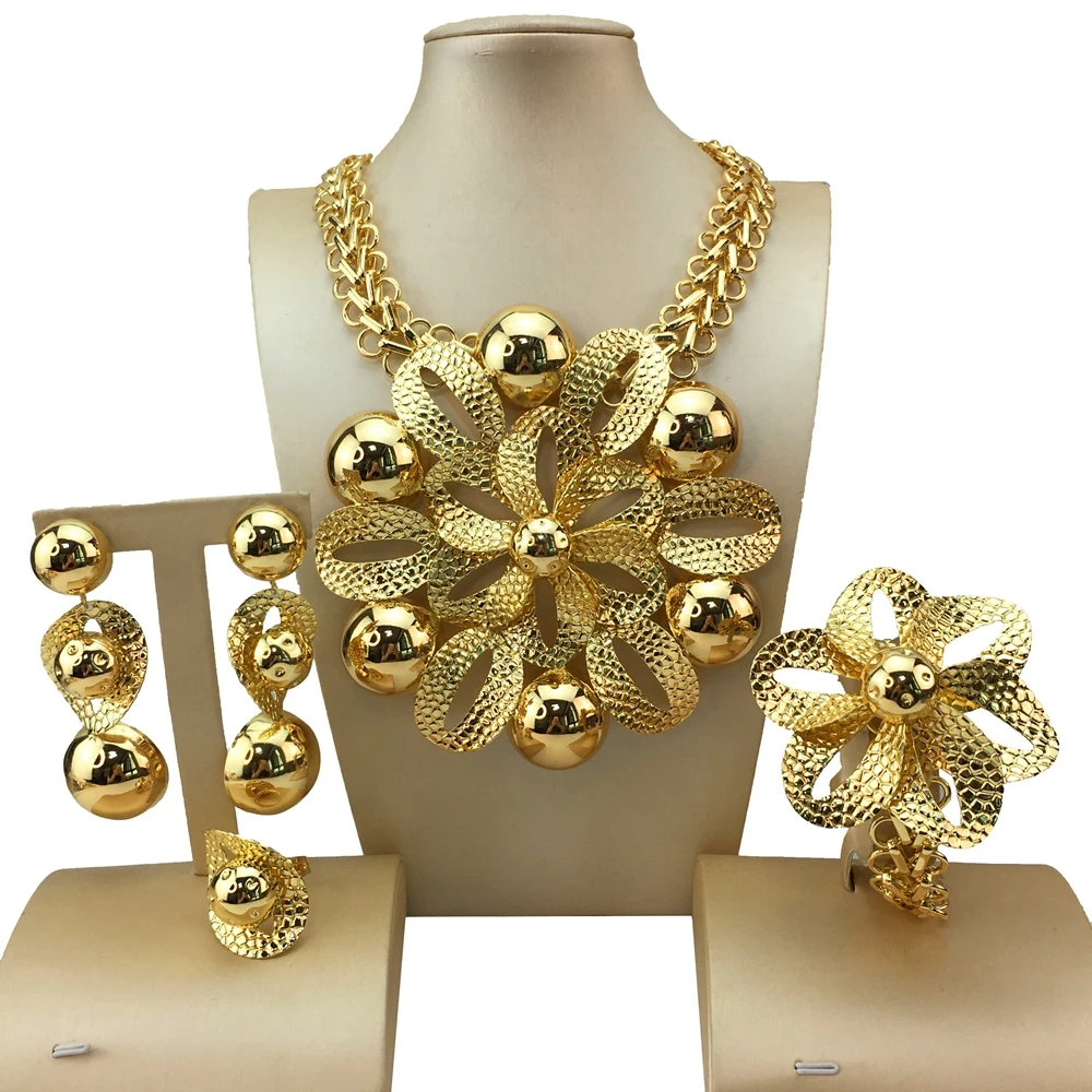 New Fashion Trendy Women Jewelry Set Brazilian Gold-Plated African Wedding Bridal Big Flower Pendant Necklace Gifts FHK18838