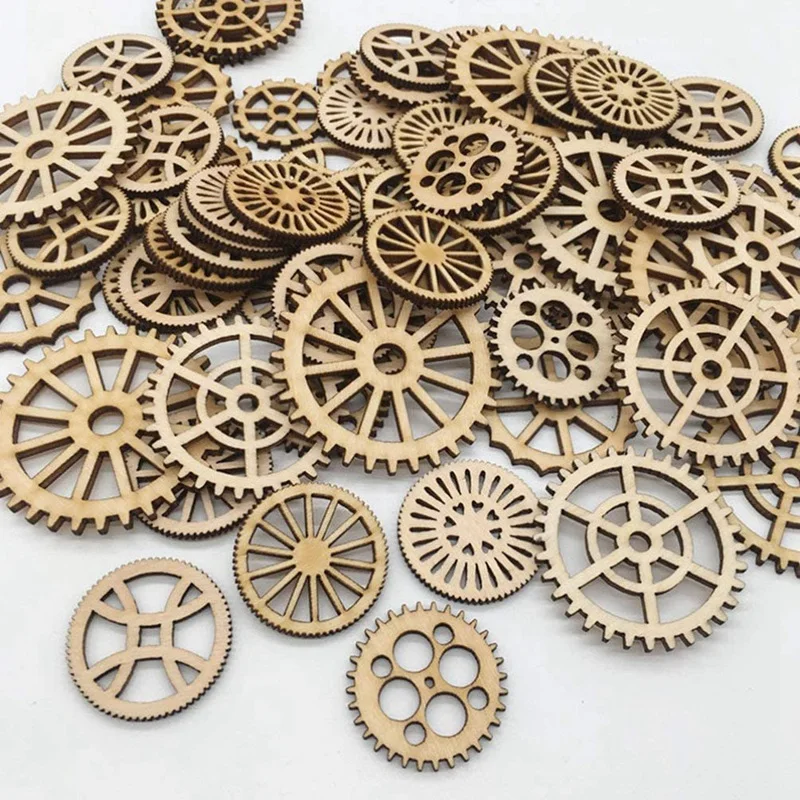 100Pcs ruote ingranaggi in legno decorazione fette di legno decorazione in legno ritagli in legno etichette regalo artigianato artistico fai da te