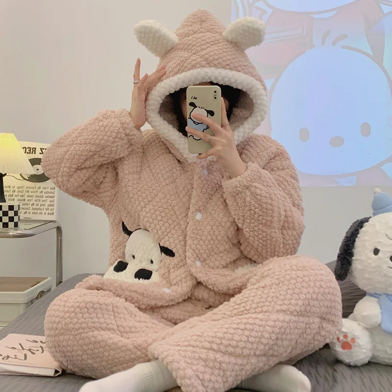 

Sanrio Pacha Dog Winter Pure Cotton Flannel Hooded Long-Sleeved Trousers Women's Pajamas Homewear Silk Pajamas for Women