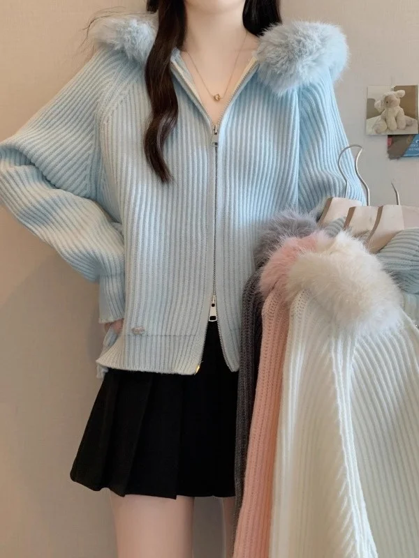 

Женский длинный вязаный свитер с капюшоном Све, пальто с меховым воротником, открытый кардиган с двойной молнией, осень-зима, модный размер больших размеров