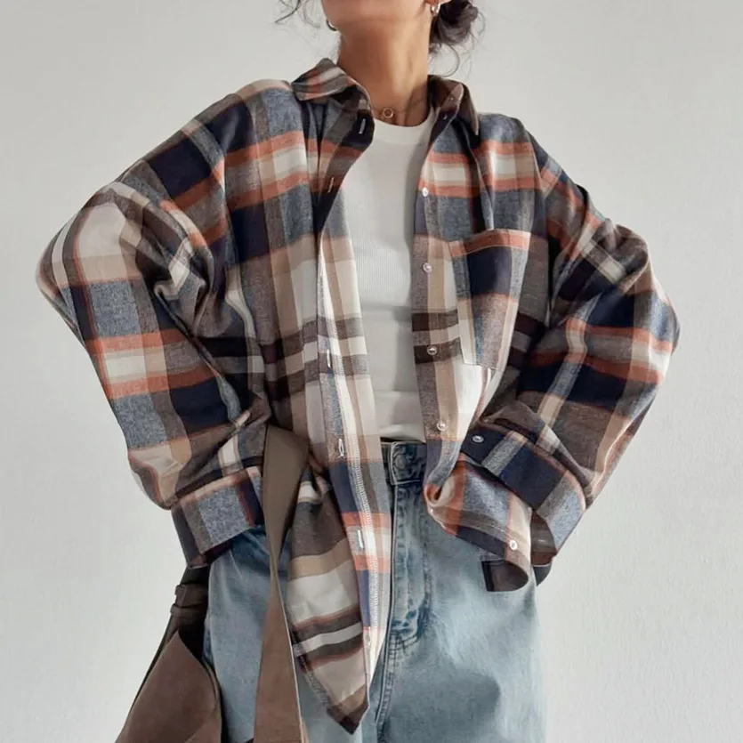 Y2K nieuwe herfst winter vintage shirt zak losse revers lange mouwen dames geruite shirt vrouwelijke mode casual streetwear blouse