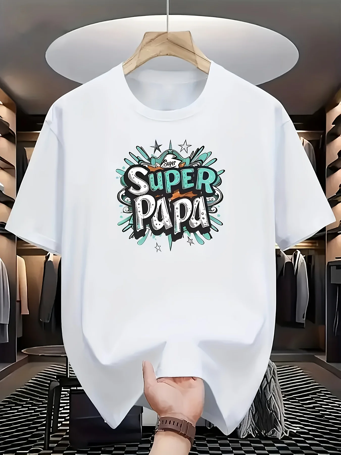 Camiseta Ligera con Estampado Super Papá para Hombre - Letras de Superhéroe en Negrita y Diseño Familiar, Cuello Redondo Informal para Verano y Actividades al Aire Libre