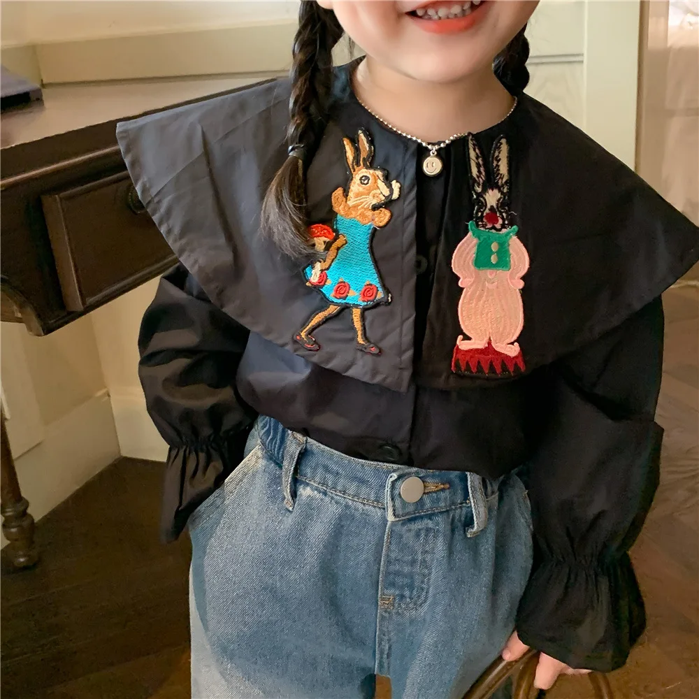 

Stock Clearance White Size 130CM Baby Girl Shirt Long Sleeve Cartoon Embroidery Girl's Shirt Big Lapel Cute Blouse Tops