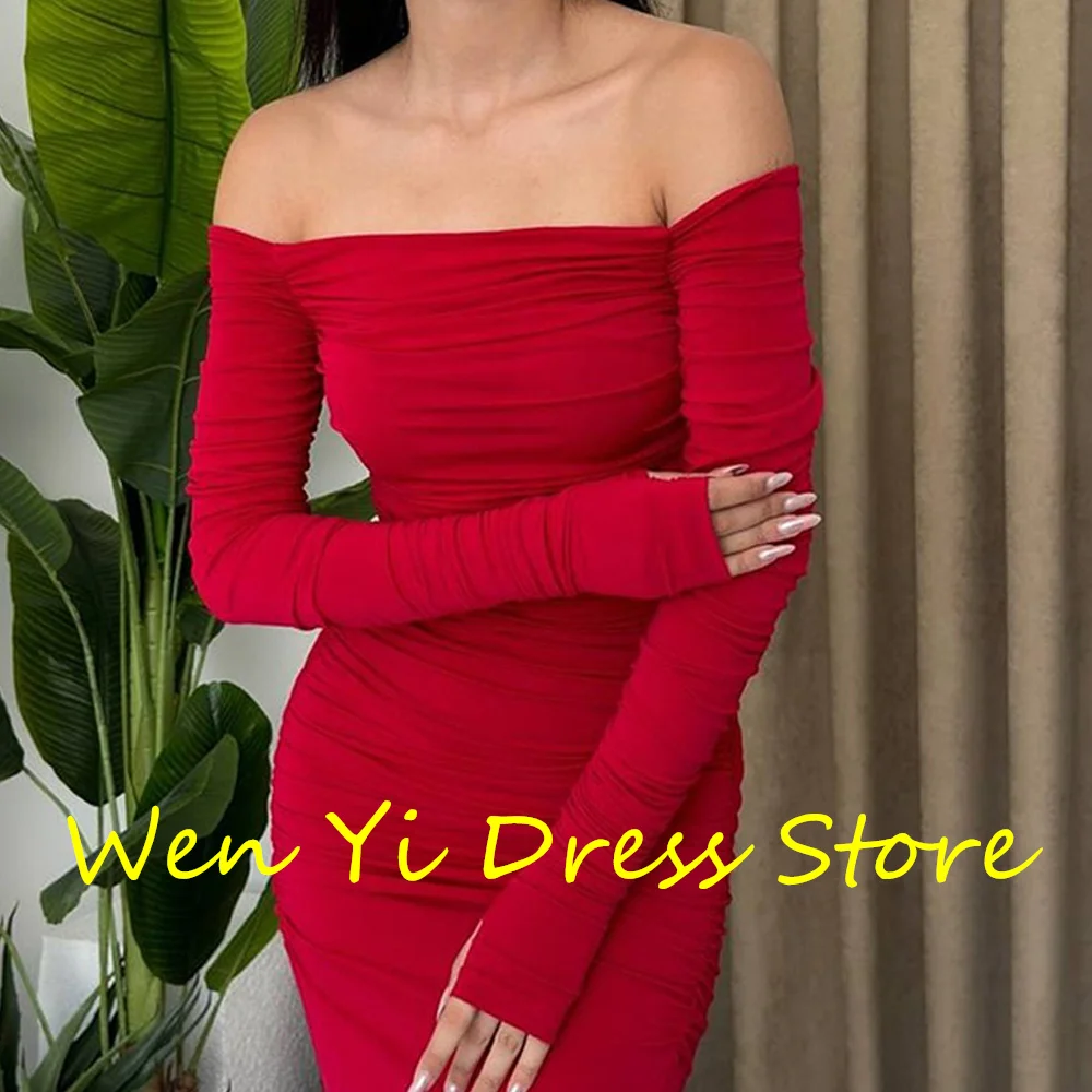 Strapless Off the Shoulder Long Sleeve Pleat Chiffon Sheath Side Slit Floor Length Solid Color Elegant Evening Dress Custom Size