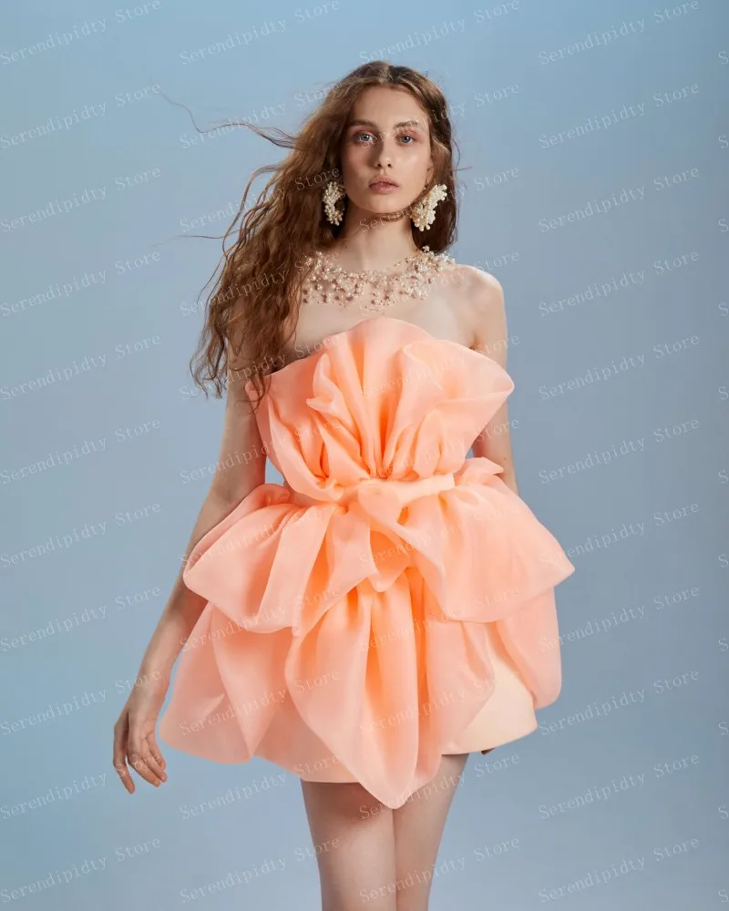 Strapless Coral Pink Chiffon Mini Party Dress Layered Women Clothes Sweet Baby Prom Dresses Custom Made Pretty Gown Plus Size