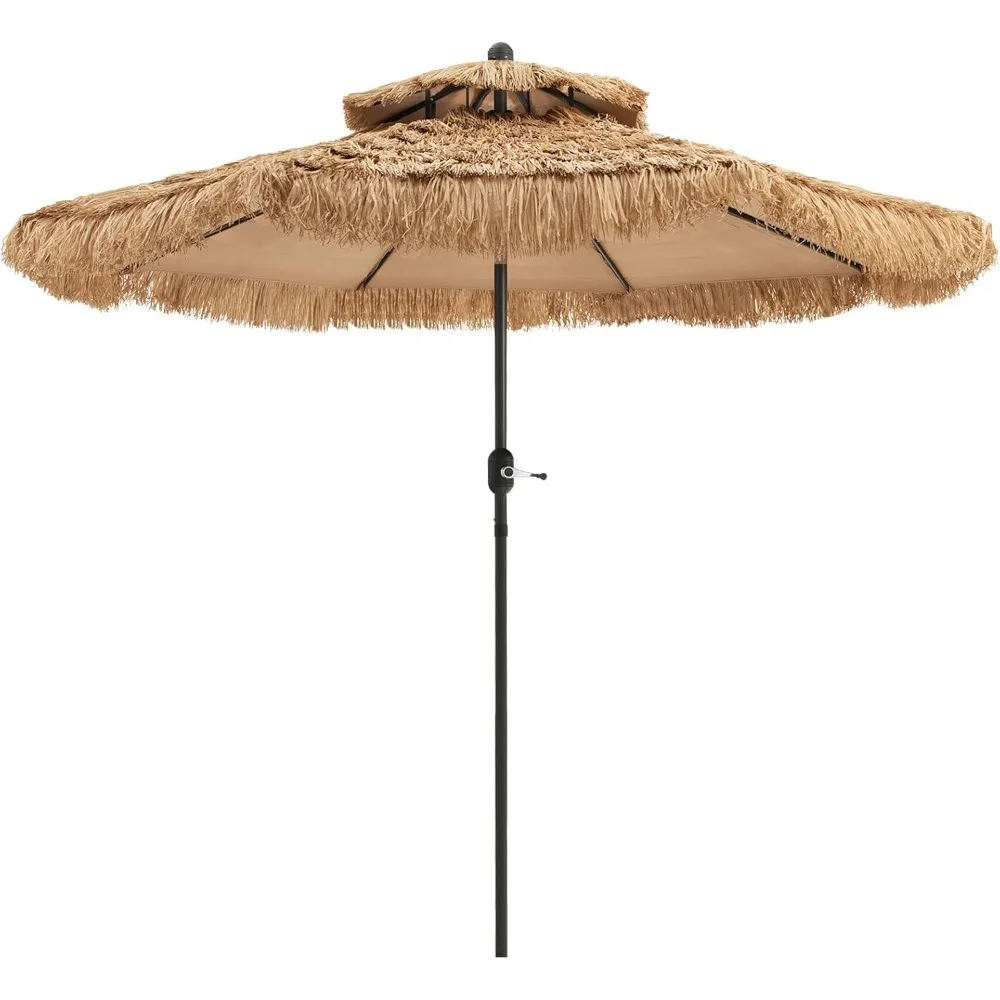 

9-foot two-tier hawaiian-style thatch patio umbrella with 8 ribs, tilt feature, and manual crank