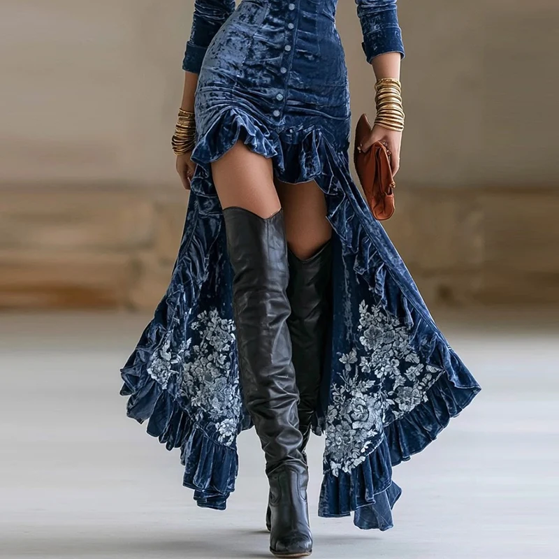 Sexy V-Neck Long Sleeved Hug Hip Banquet Evening Dress Elegant Irregular High Waist Dresses Vintage Navy Velvet Slim Slit Dress