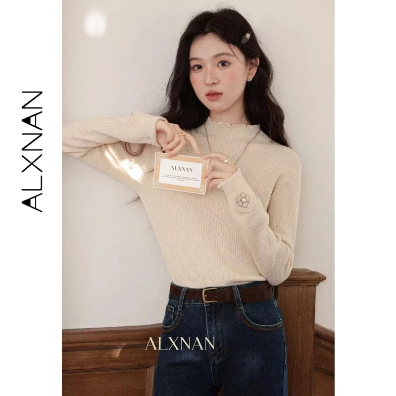 

Женский свитер ALXNAN больших размеров с высоким воротником, вышивкой цветов и жемчужными манжетами, теплый вязаный пуловер 2026, D59017