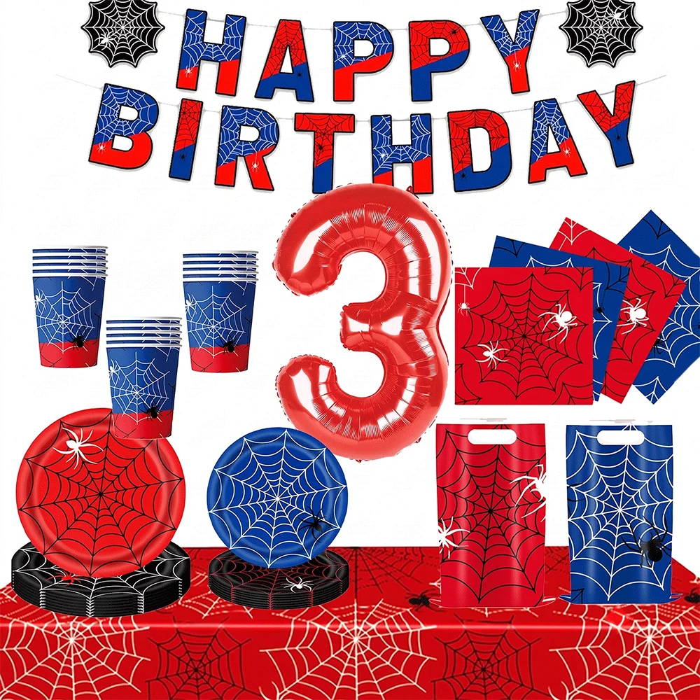 Vajilla para Fiesta de Spiderman, Plato Rojo y Negro, Servilleta con Diseño de Telaraña, Plato de Papel, Vaso, Pancarta de Cumpleaños, Globo de Número 0-9, Decoración para Fiesta