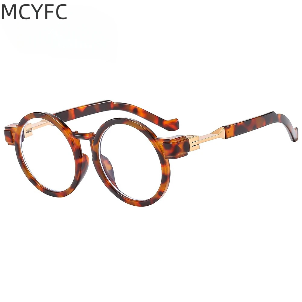 MCYFC Round PC+Mertal Material Glasses Frame for Men and Women Black Tortoise White Fashion Eyeglasses Full Rime Glasses Frames