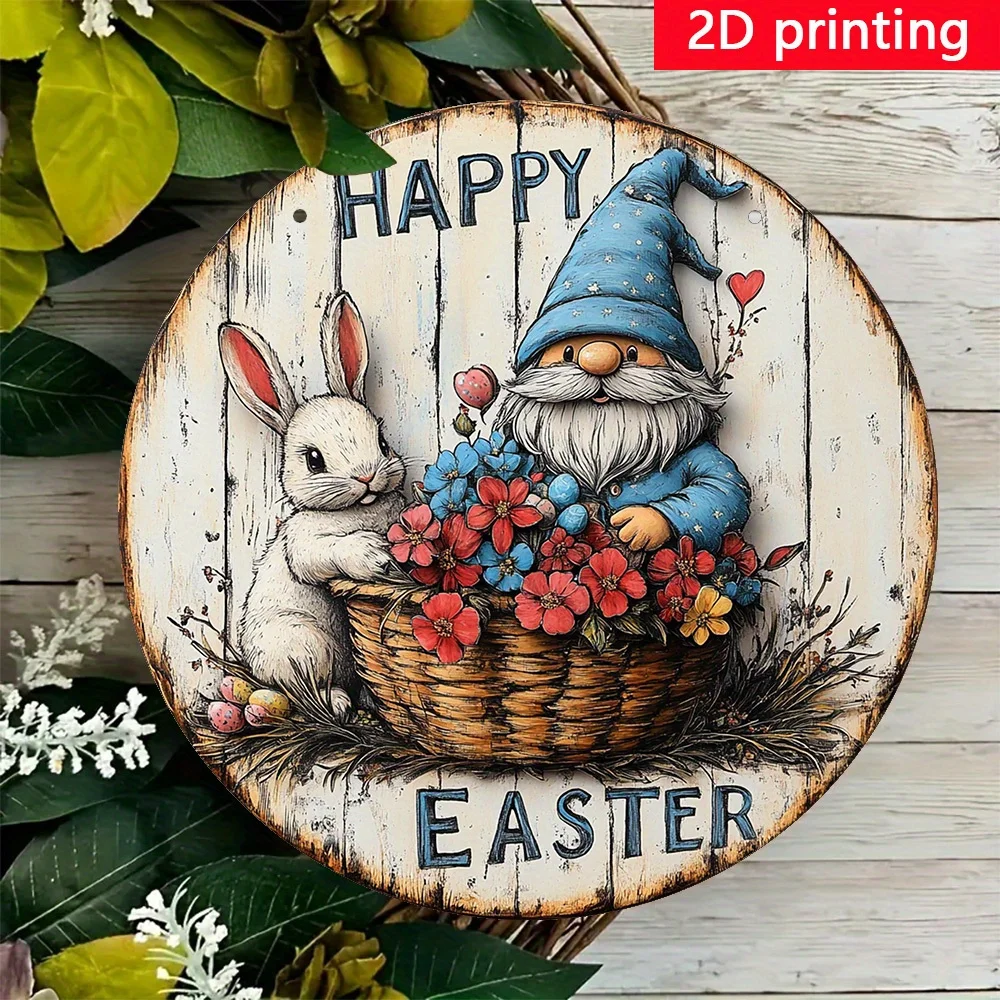 2D Flat Design, a Vintage Country-Style Round Wooden Easter Wall Decoration - Featuring a Cheerful Easter Gnome And Rabbit with