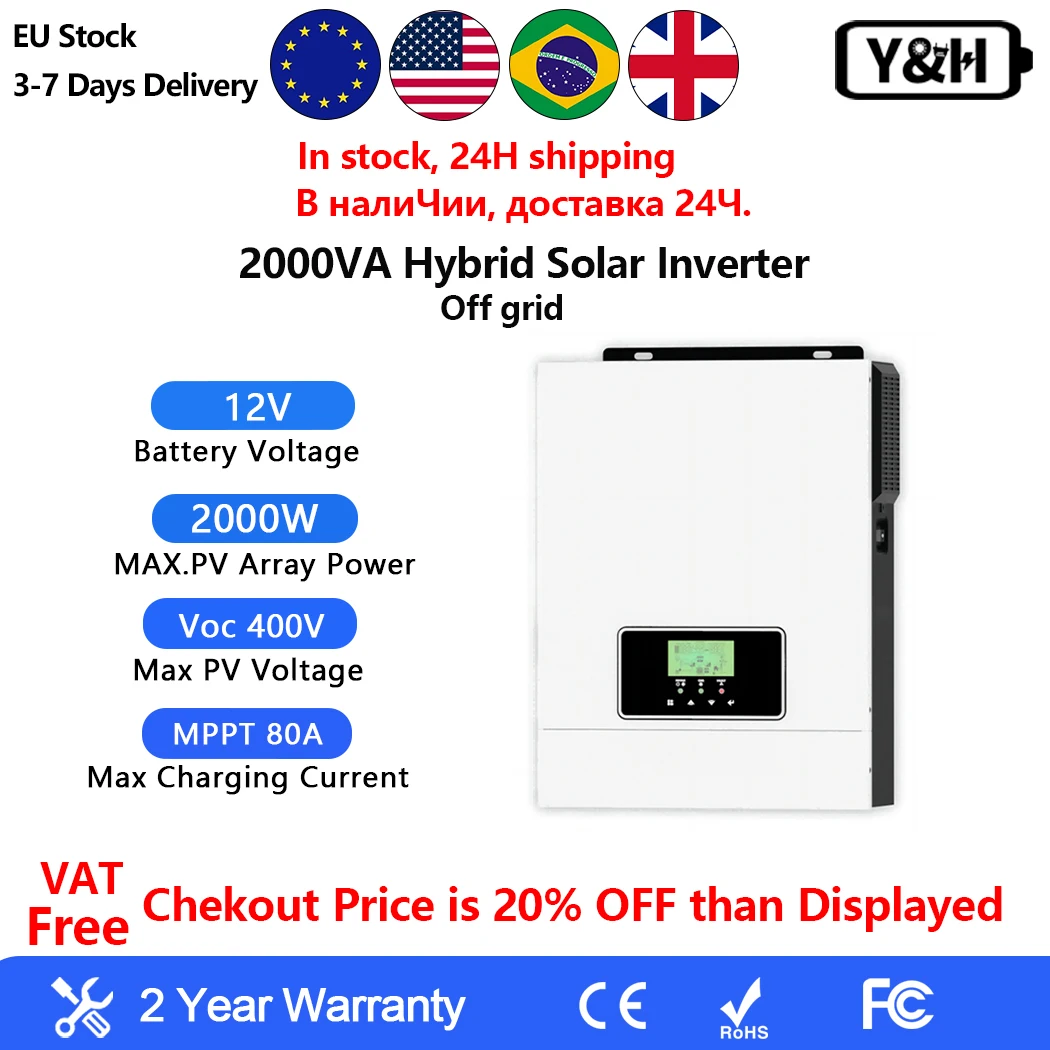 Y&H 2000W Hybrid Solar Inverter 1.6KW off grid inverter 12V 220V MPPT 80A solar controller Pure Sine Wave Inverter