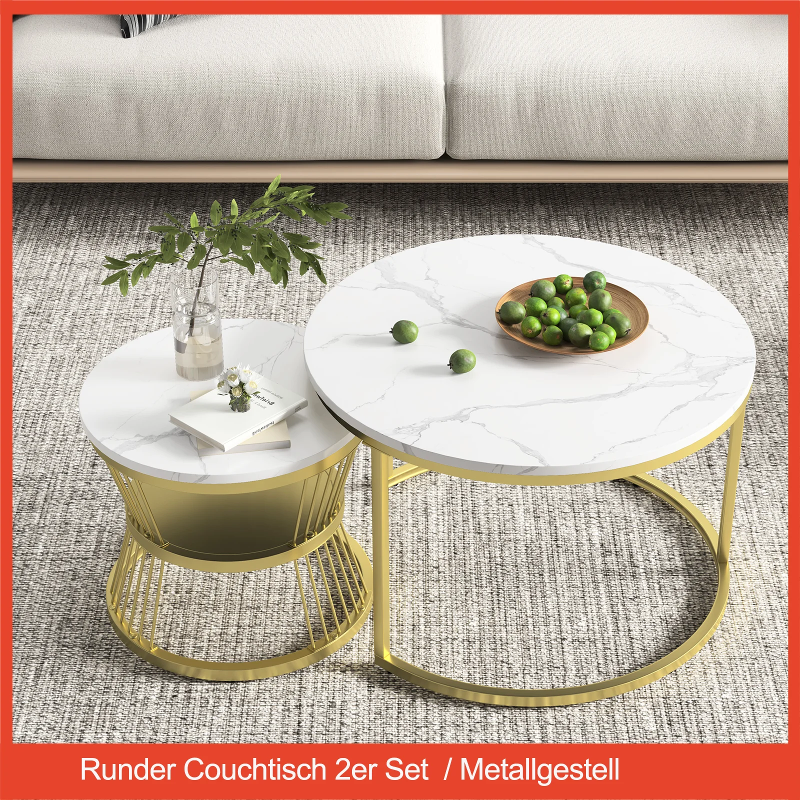 Coffee Table Round 2pcs Set ,Marble Structure Modern Side Table,Metal Frame Tea Tables for Living Room,Balcony and Office