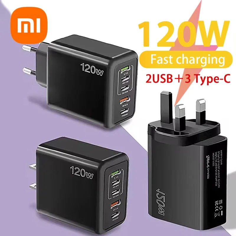 Xiaomi 120W Supercharge GaN Charger Quick Charge 3.0 Type C Phone Adapter For iPhone 15 16 Samsung Xiaomi 5 Ports Fast Charger