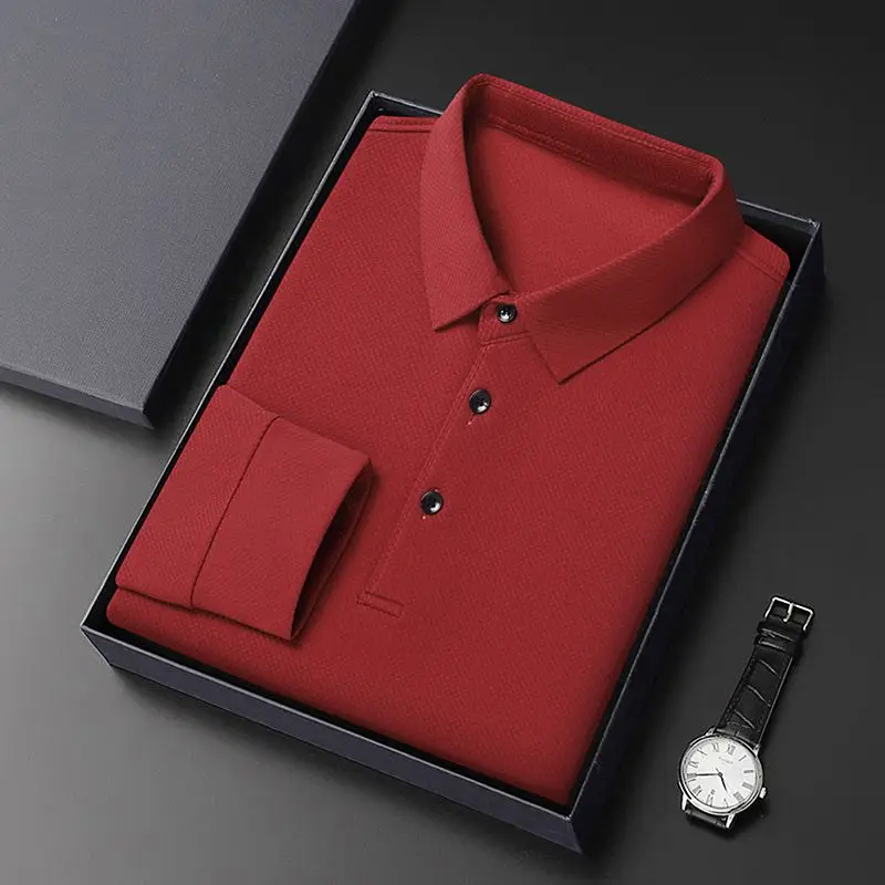Polo à manches longues avec boutons simples pour hommes, pull monochrome, t-shirt décontracté, vêtements pour hommes, printemps, automne