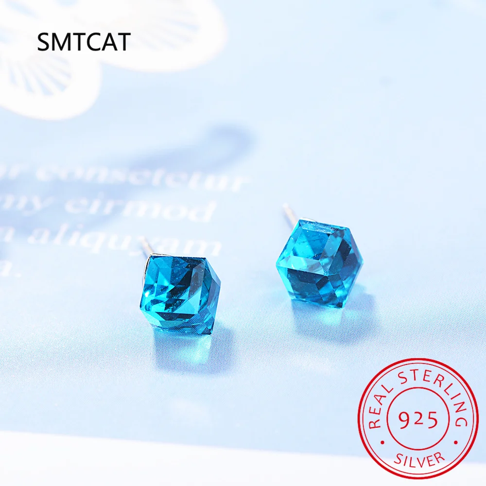 Pendientes de tuerca geométricos de Plata de Ley 925 con Topacio azul cielo Natural de 1,2 quilates para mujer, joyería de piedras preciosas a la moda, regalos de fiesta
