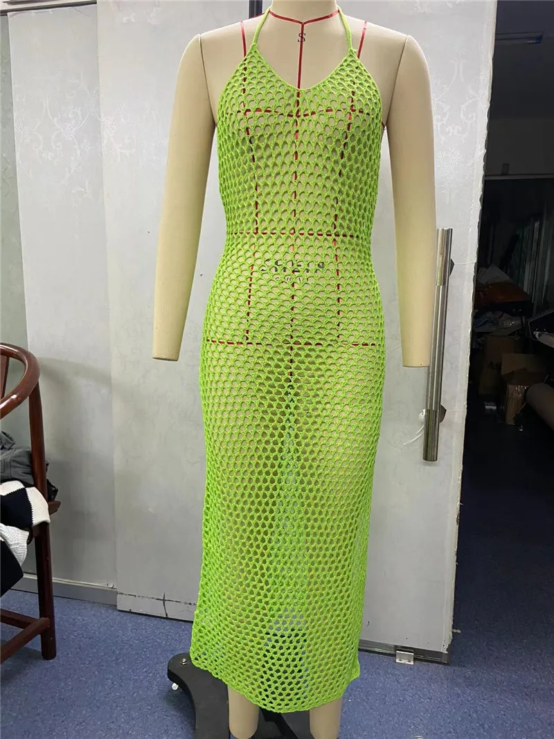 Women Sexy Crochet Mesh Swimwear Long Beach Dress Bikini Cover Up Bathing Suit Hollow Out Side Split Knitted Swimsuit One Piece