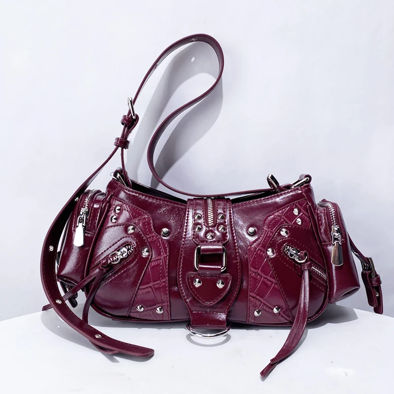 

Moto & Bike Underarm Bags For Women Luxury Designer Handbag Purses New In Vintage PU Leather Rivet Decoration Shoulder Crossbody