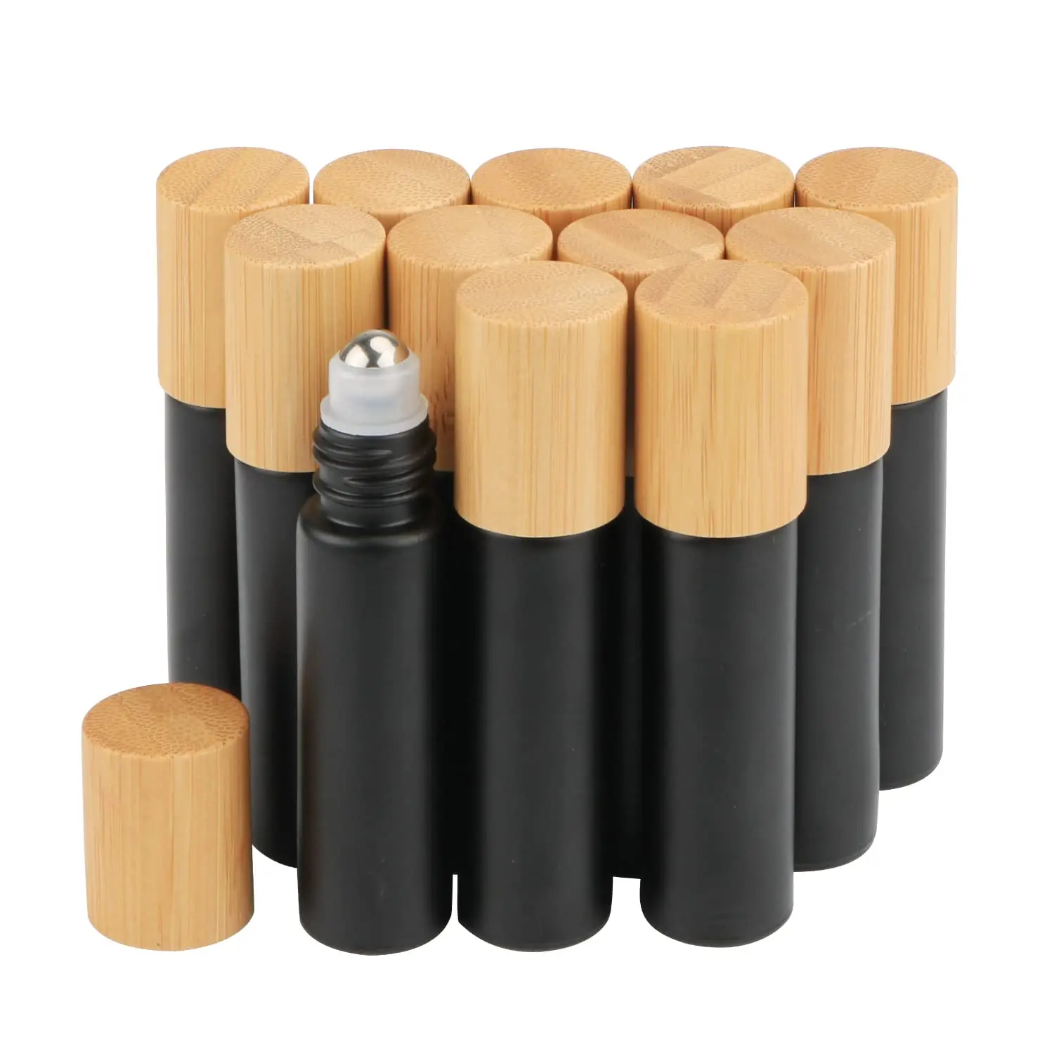 

12pcs Bamboo Cap Roll on Bottles Glass 10ml Frosted Black Stainless Steel Roller Bottles Essential Oils Perfume Sample Bottles