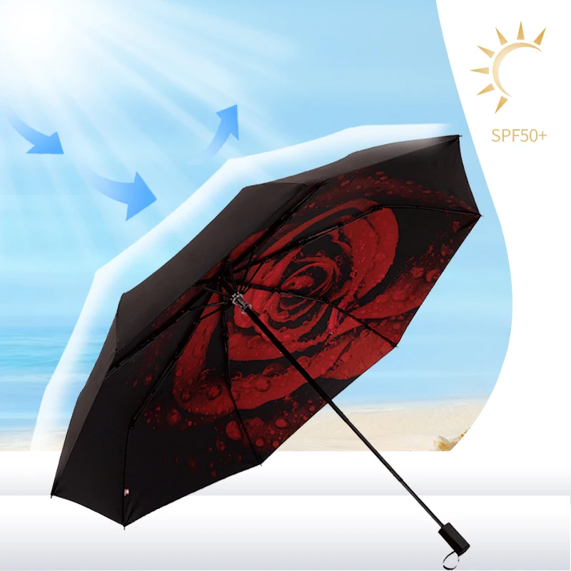 Red leaf Three Fold Manual Umbrella Black Glue Coating Rose Print Flower Pattern Umbrella Sun and Rain Protection Umbrella