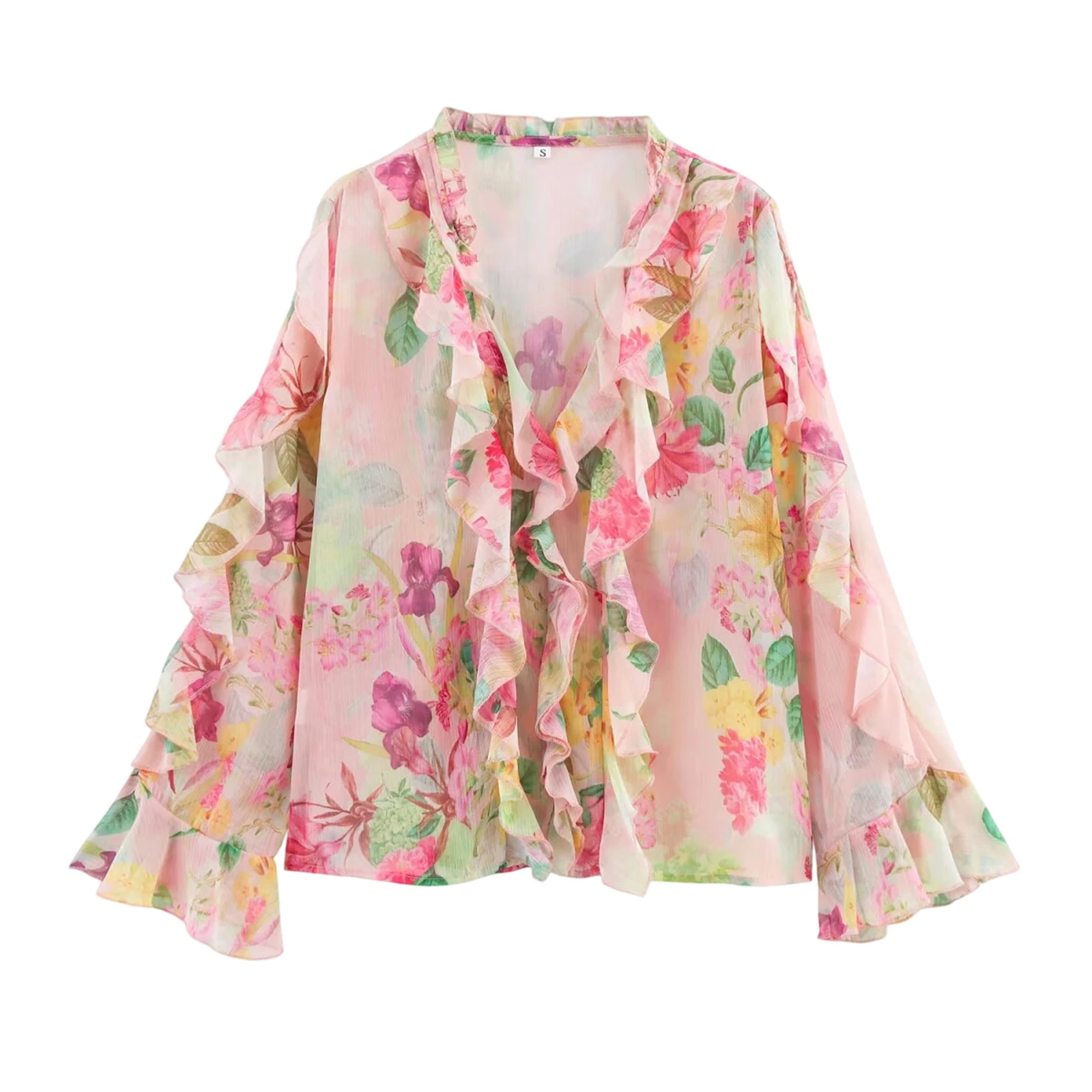 

Women Fashion Long Sleeve Shirts Floral Print Ruffles Button Down Autumn Blouses Spring Loose Casual Tops Streetwear