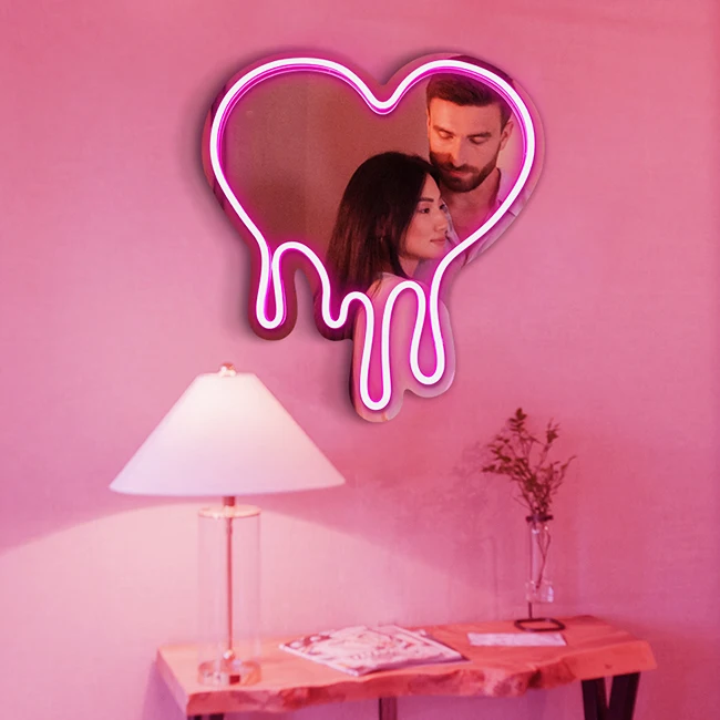 LED Neon Heart Mirror Sign with Pink Light Makeup Mirror Girls Room Decoration Lights Atmosphere Night Lamp USB+Battery Powered