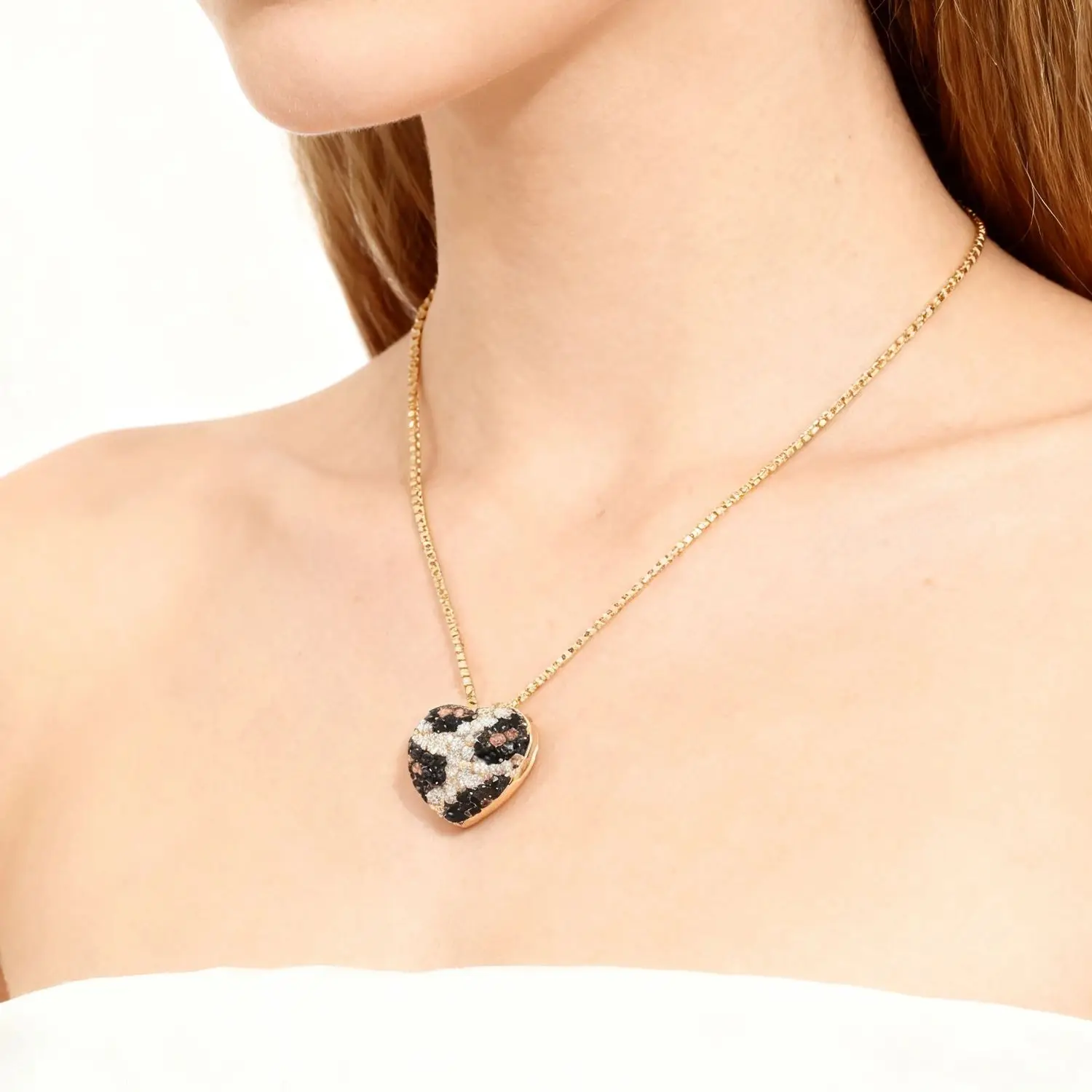 SUNSLL Gold Plated Leopard Python Pattern Heart Rectangle Two tone Zircon Inlaid Pendant Necklace Bold Women Party Jewelry