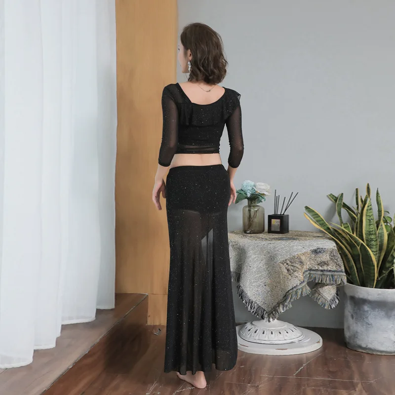 Nieuwe buikdans oefenjurk Jurk voor beginners Lovertjes Mesh Sexy enkele split lange jurk voor dames