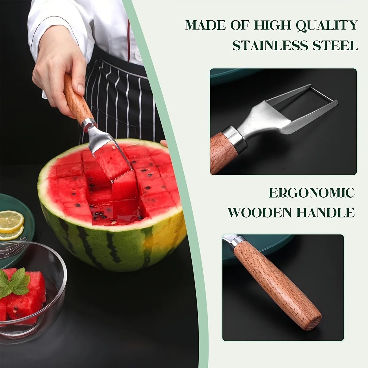 

D9 Watermelon Cutter with 5 Forks, Stainless Steel Watermelon Slicer with Beechwood Handle, BBQ Cutting Tool Fruit Fork Cutter