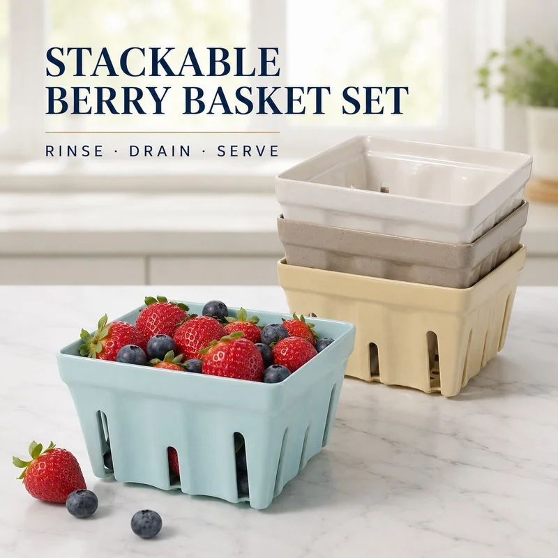 Stackable Melamine Berry Basket With Drain Holes 13.2cm Fruit Rinse Storage Bowl For Fridge Kitchen Counter