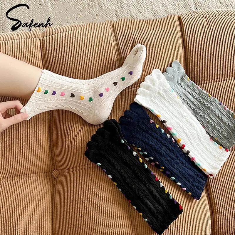 

1Pair Colorful Heart Braid Five Finger Socks For Women Spring Autumn Middle Tube Cotton Socks Breathable Crew Socks