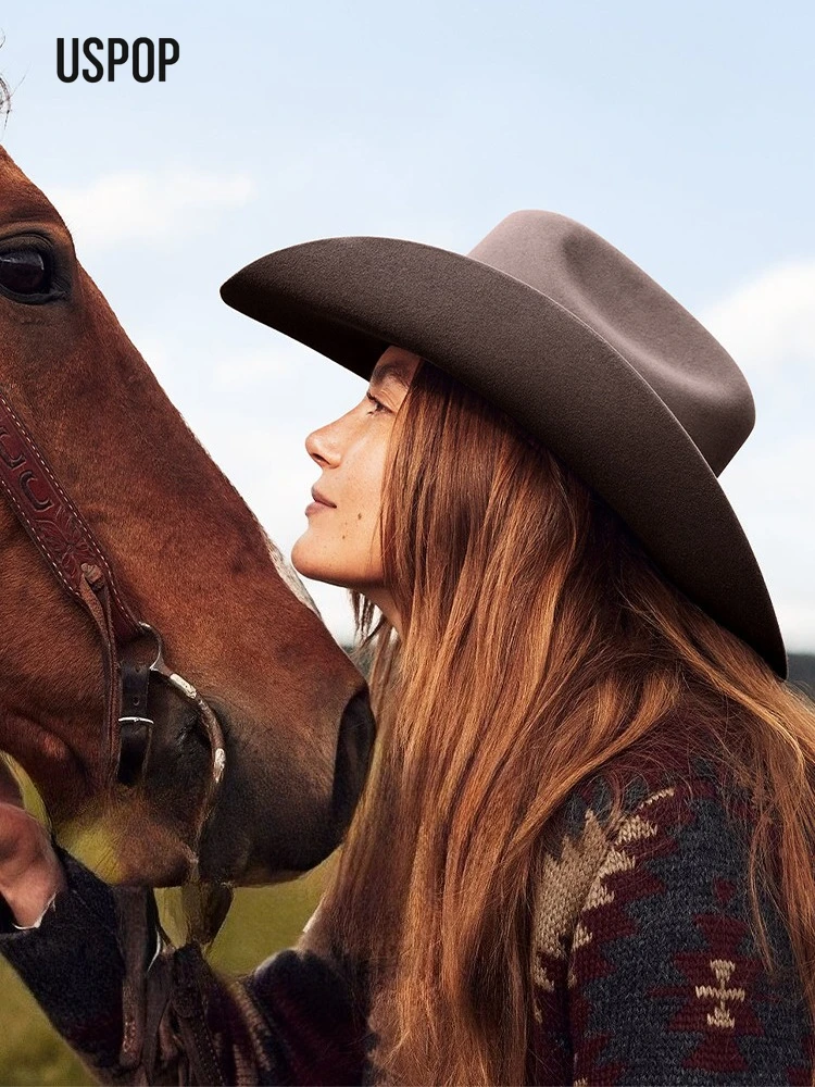 

USPOP Ковбойская шляпа-федора унисекс из 100% шерсти с широкими полями и закрученными краями с пряжкой на ремне Регулируемая повязка 4 размера S M L XL 27 цветов