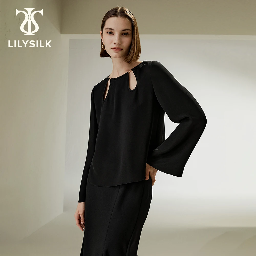 LilySilk-女性用のエレガントなシルクのブラウス,透かし彫りの襟,背中のボタン,エレガントな服,送料無料,30,2023