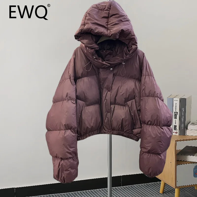 EWQ Fashion Casual Brown Hooded Short Cotton-padded Coat Thicken Keep Warm Women Outerwears Winter 2024 New Tide 27X9272