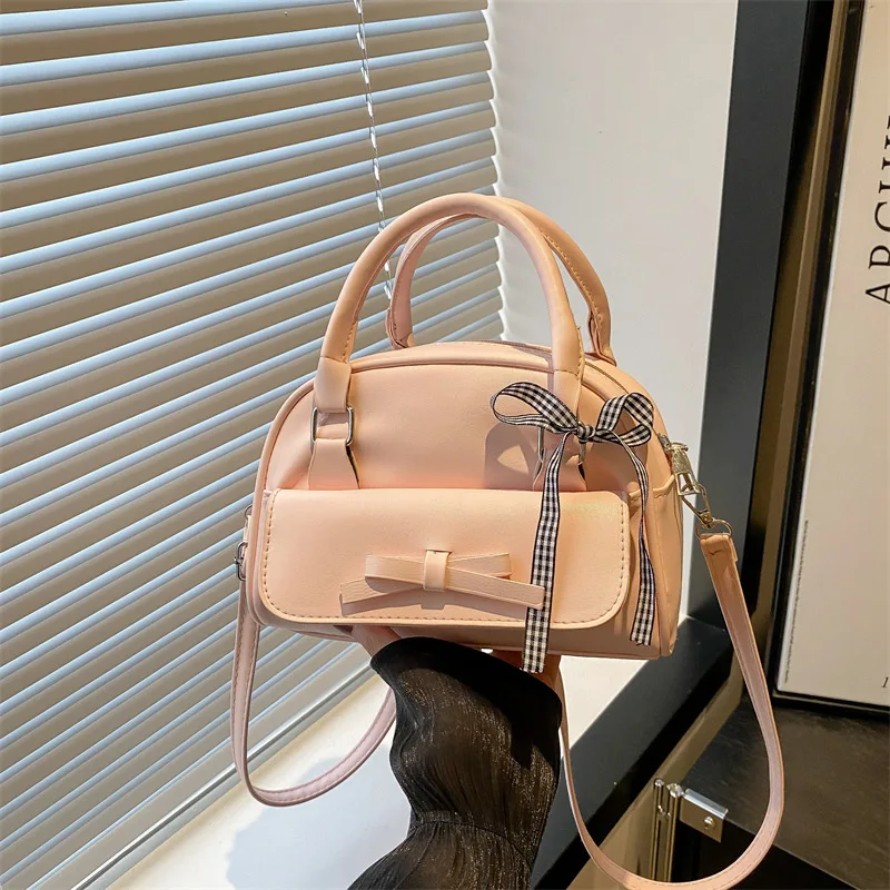 

Fashion Bow Ribbon Women's Pu Shoulder Bags Simlpe Candy Color Ladies Crossbody Bag Casual Commuter Female Bowling Handbags