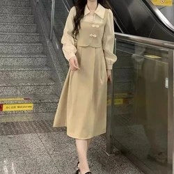 New Chinese Style Buckle Dress with a High-end Feel for Spring Women's Clothing Polo Collar New Fake Two-piece Spliced Shirt