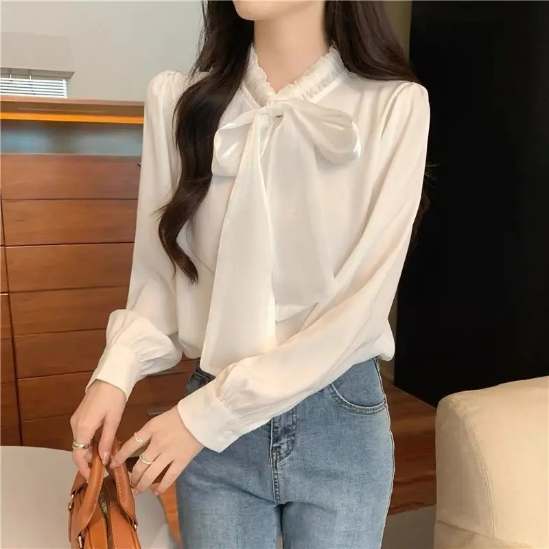 2024 Spring Autumn New French Style Chic Women\'s Round Neck Solid Spliced Drawstring Bow Button Blouses Loose Long Sleeve Shirts