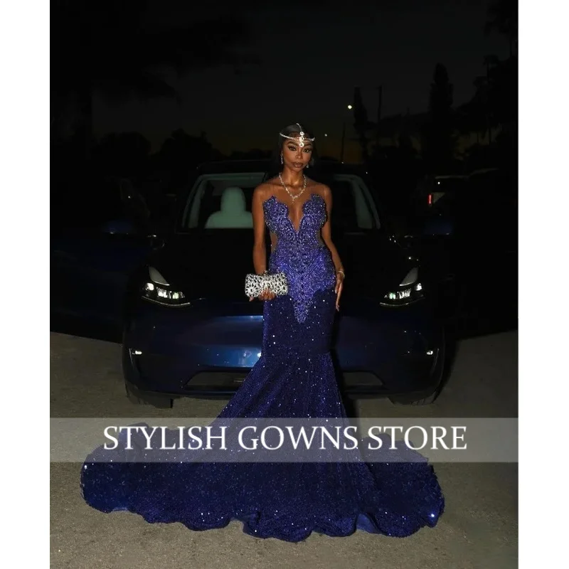 Luxe schat blauwe diamant galajurk sprankelende kralen set pailletten zwarte meisjes beroemdheidsjurk avondjurken op maat