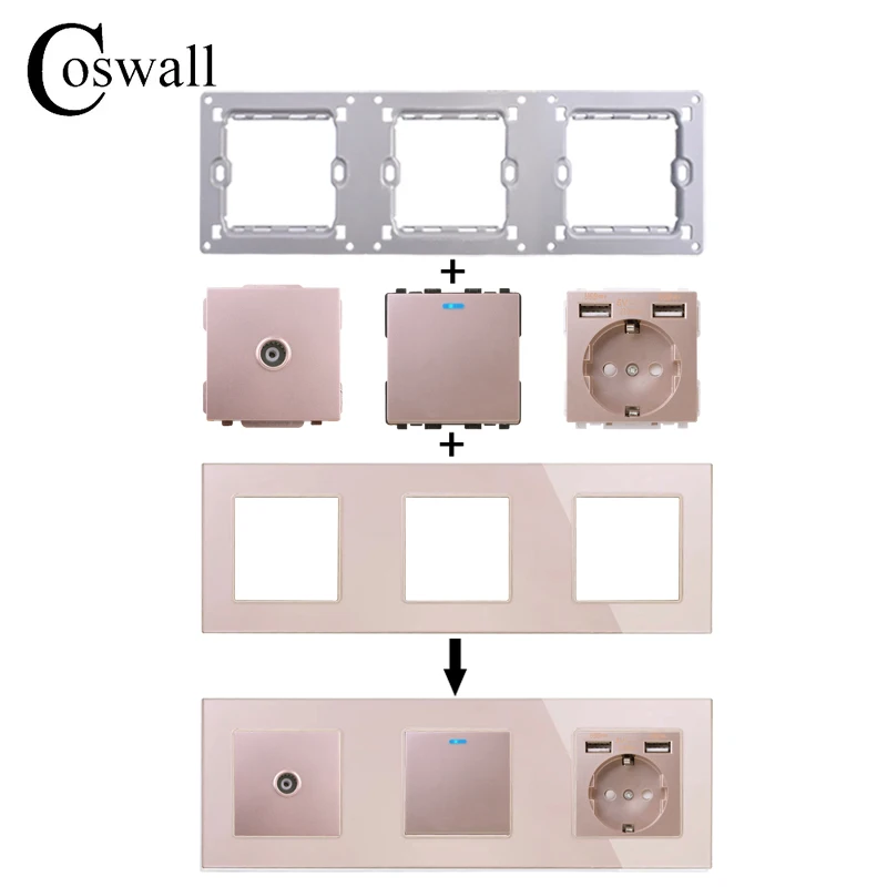 COSWALL C1 Series ROSE Gold Glass Panel Wall Switch EU French Socket HDMI-compatible USB Charger Female TV RJ4  Modules DIY