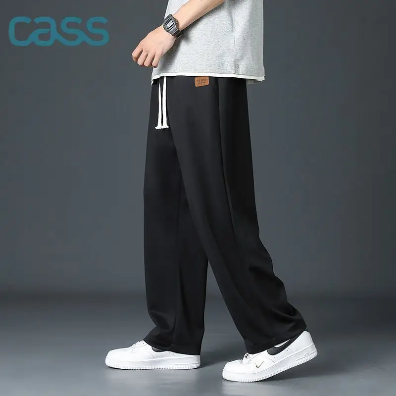 Pantalones de pierna ancha con parche de seda fina para hombre, pantalones clásicos de calle, informales, sueltos, rectos, con cintura de cilindro,