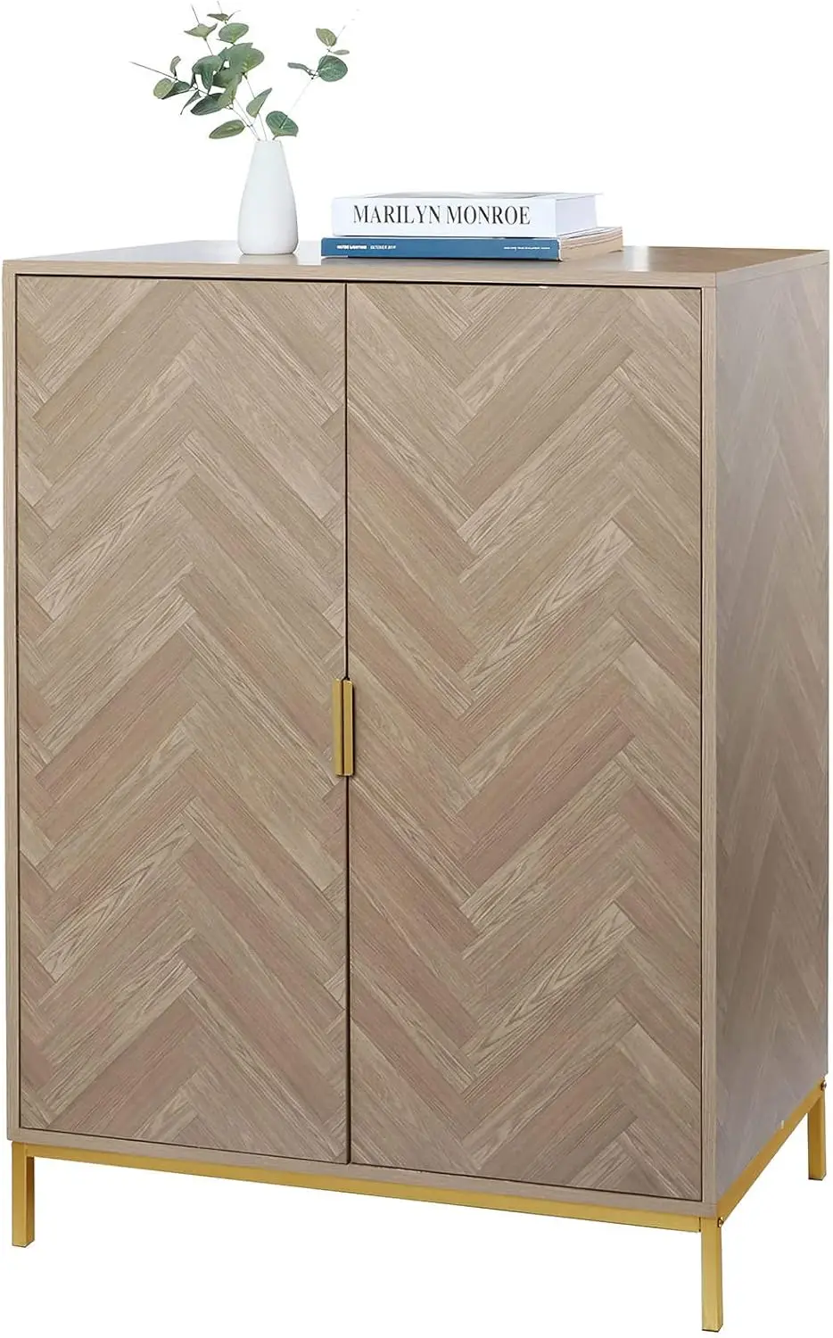 Anmytek Gabinete de almacenamiento con acento de madera de 2 puertas, aparador alto de roble natural de 43" de alto con estantes ajustables para sala de estar