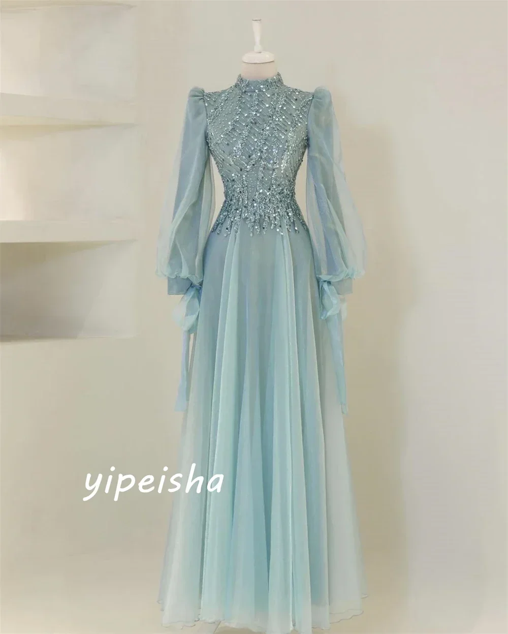 Customized Elegant And Shiny High Neck Organza Dress With Sequins, Luxurious Dress, Showcasing Aristocratic Style Nique Design,