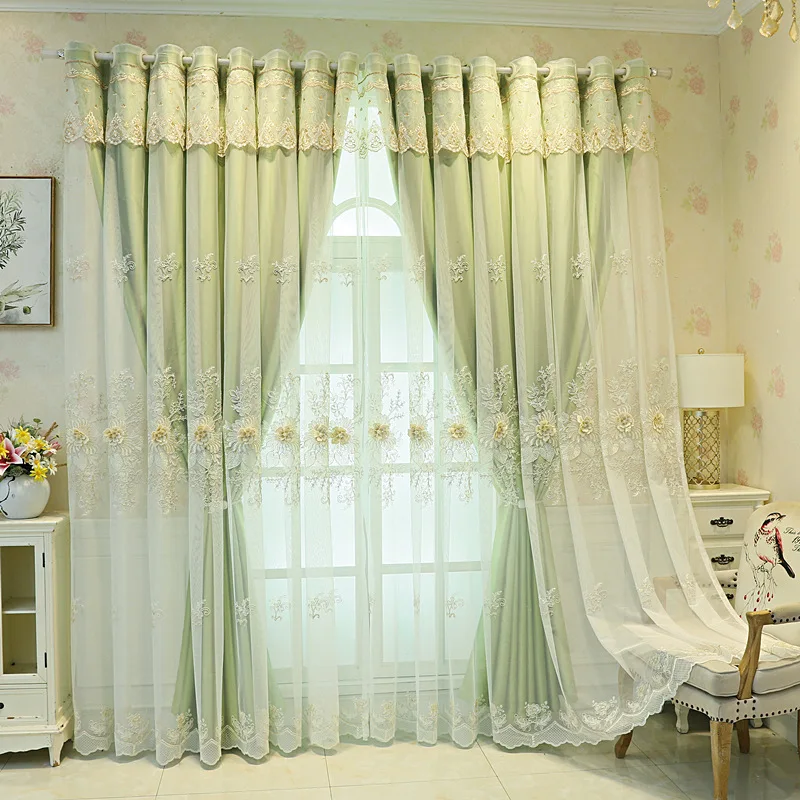 Doppellagiger Lichtundurchlässiger Vorhang, Besticktes Blumendesign, Anpassbare Fensterdekoration für Wohnzimmer, Balkon und Schlafzimmer