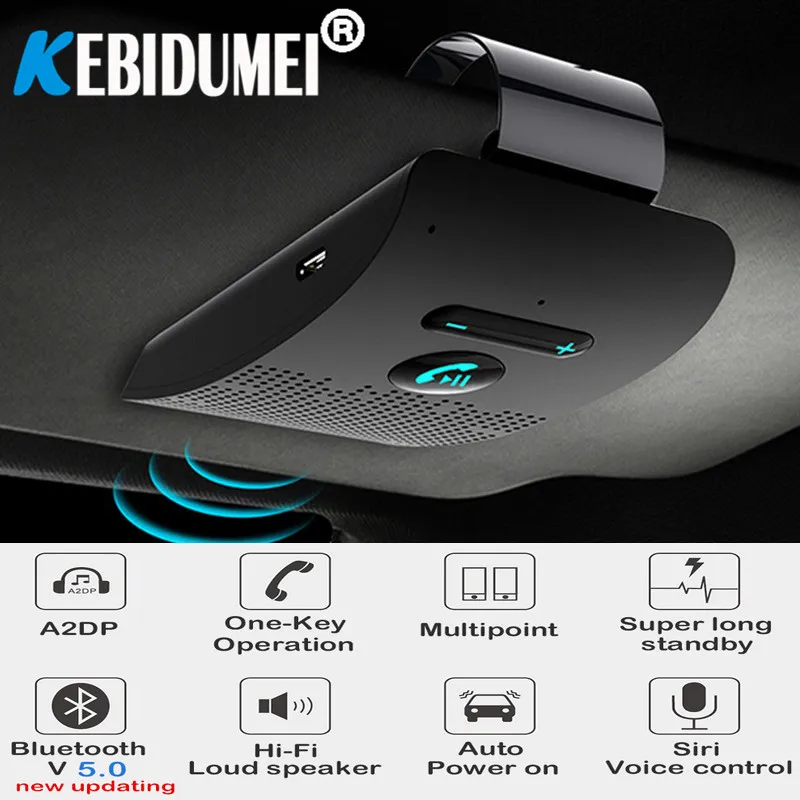 Bluetooth 5.0 Handsfree Car Kit HIFI Speaker 2W Wireless Audio Receiver MP3 Music Player Noise Cancelling Sun Visor Clip