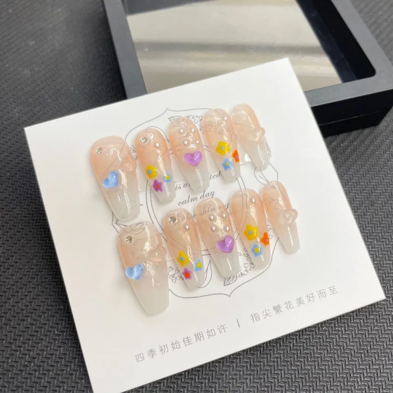 

10pcs Coffin Handmade Press On Nails Candy Colors with Hearts and Flowers Full Cover Wearable Reusable Artificial False Nail