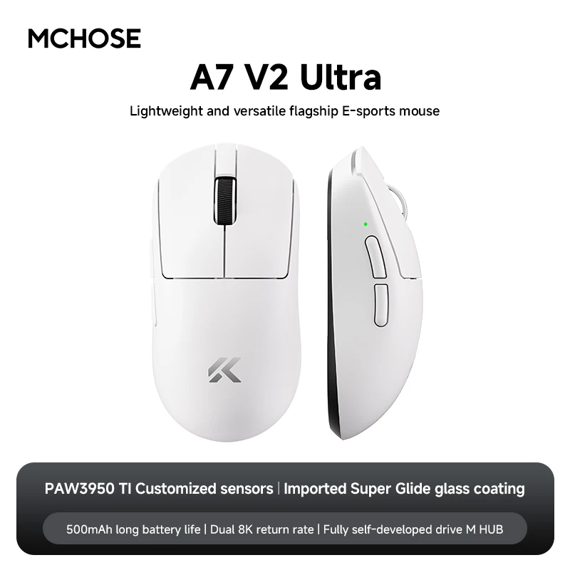 HRUEDA MCHOSE A7 Pro Ultra Wireless Mouse Tri-Mode Gaming E-Sport-Maus PAW3950 Leichte 42000 dpi 8K Low Delay Ergonomie 500 mAh 5