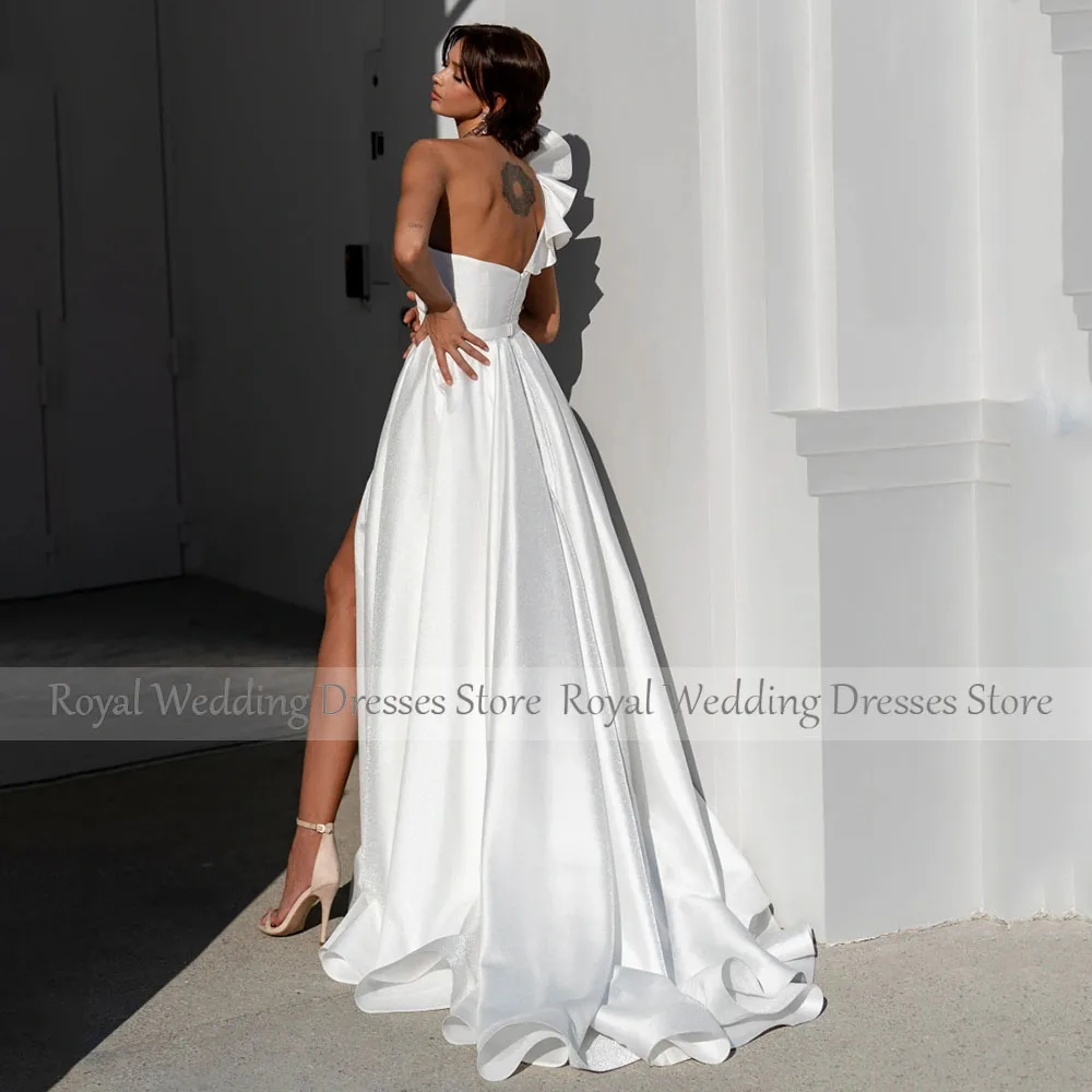 One Shoulder Wedding Dress For Bride A Line With Flowers Wedding Gowns Sleeveless Bridal Dresses Long