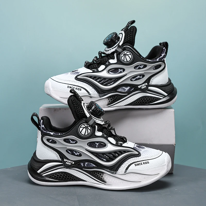 

Детские баскетбольные кроссовки, новые летние спортивные кроссовки с вращающейся пряжкой и дышащей сеткой, легкие нескользящие тренировочные детские кроссовки