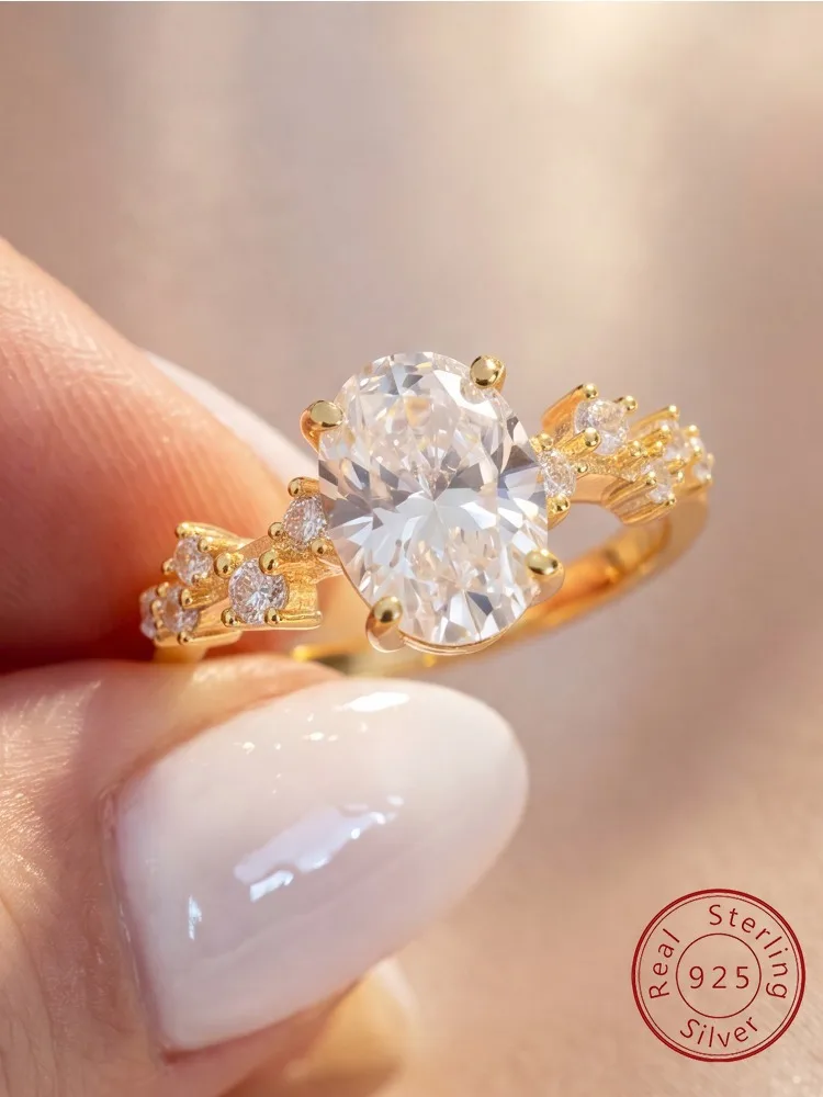 Golden Oval Round Zircon Fashionable Ring For Women 925 Sterling Silver Engagement Wedding Luxury High Quality Fine Jewelry